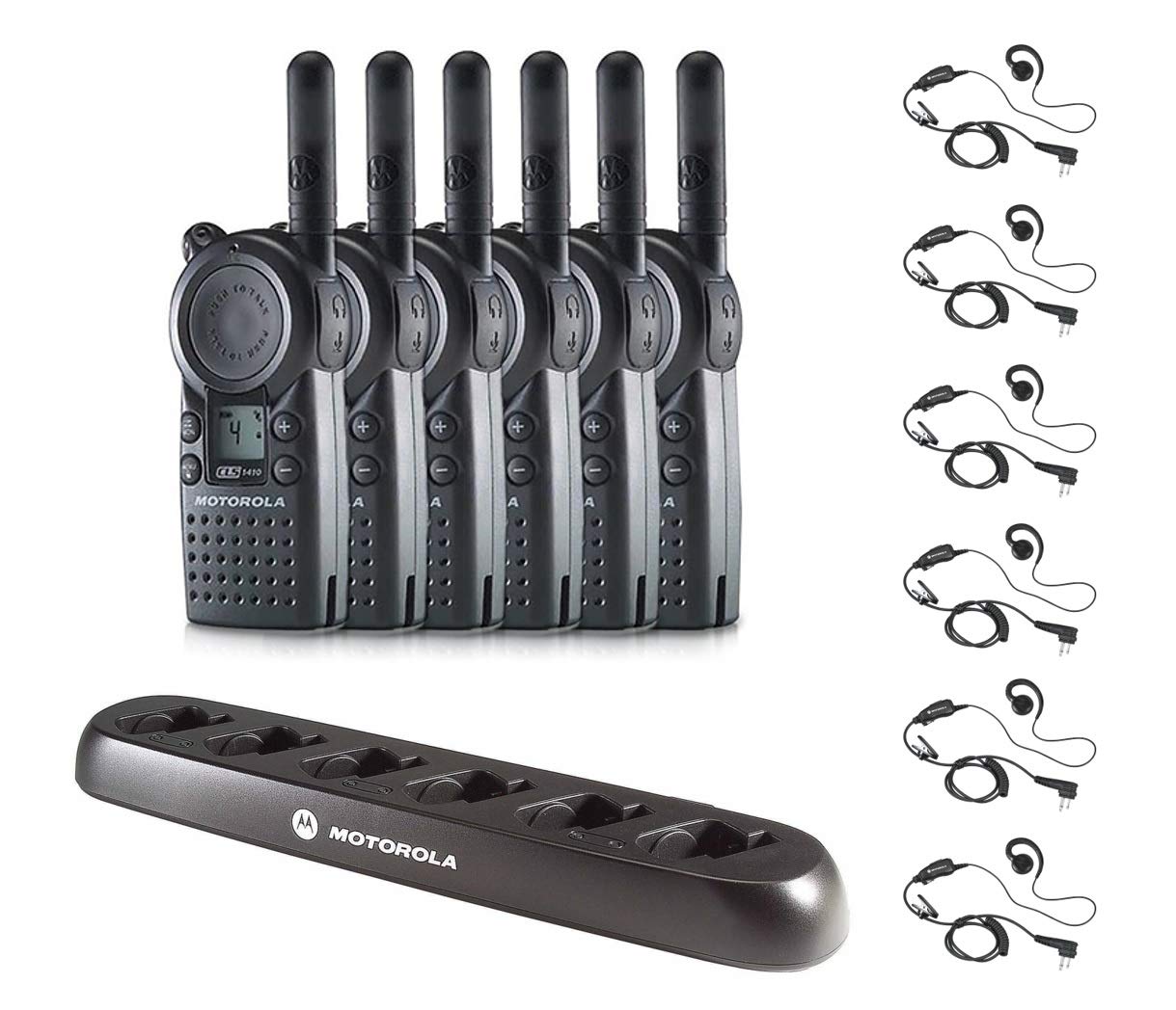 Motorola Solutions 6 Pack of Motorola CLS1410 Walkie Talkie Radios with Headsets & 6-Bank Charger