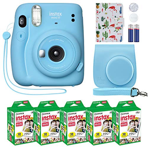  Fujifilm Мгновенная камера Instax Mini 11 Небесно-голубой + Индивидуальный чехол + Пакет Fuji Instax Film Value Pack (50 листов) Дизай...
