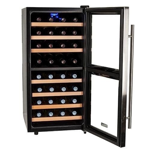 Koldfront 32 TWR327ESS Бутылочный автономный двухзонный винный холодильник - черный и нержавеющая сталь