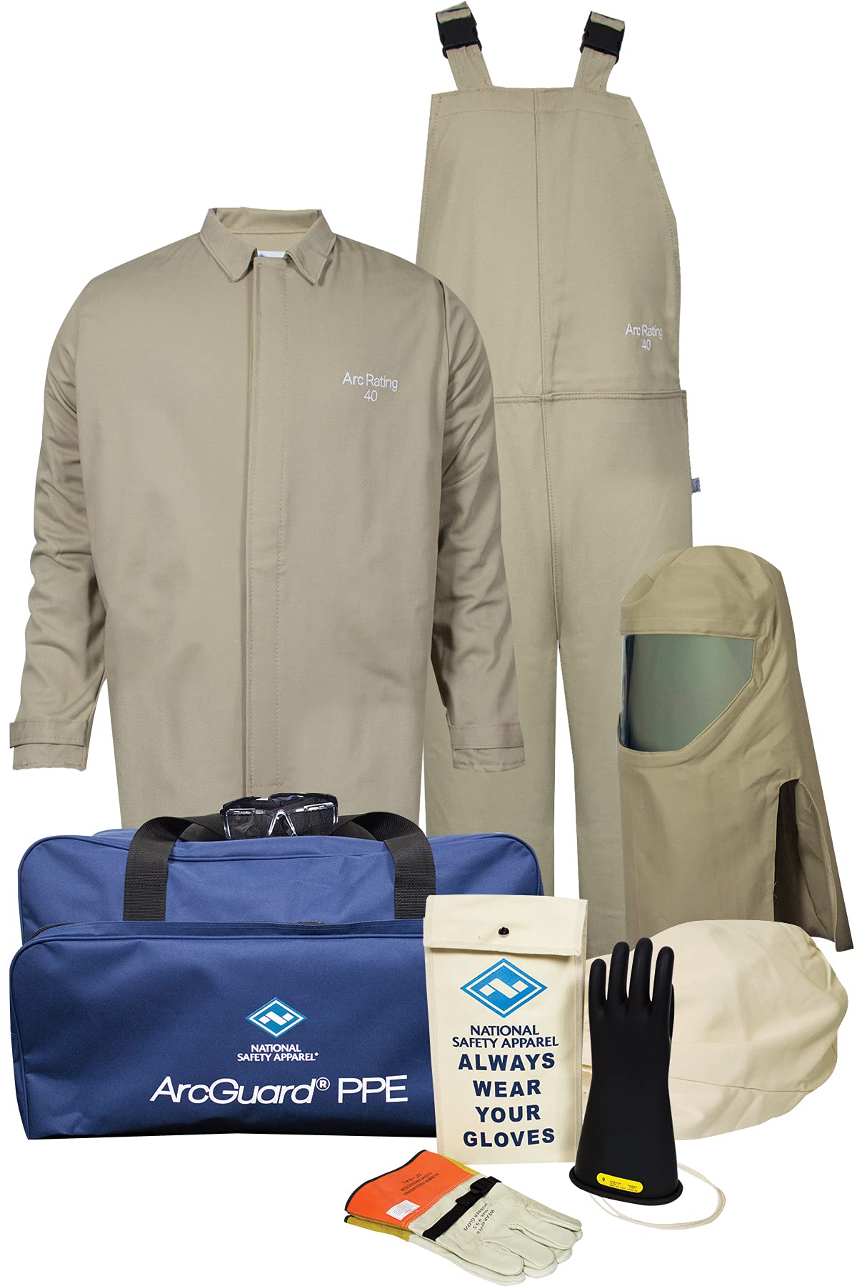 National Safety Apparel KIT4SC40ECLG10 ArcGuard Contractor CAT 4 Arc Flash Kit with FR Short Coat and Bib Overall, 40 Calorie, Large/Glove Size 10, Khaki, Tan