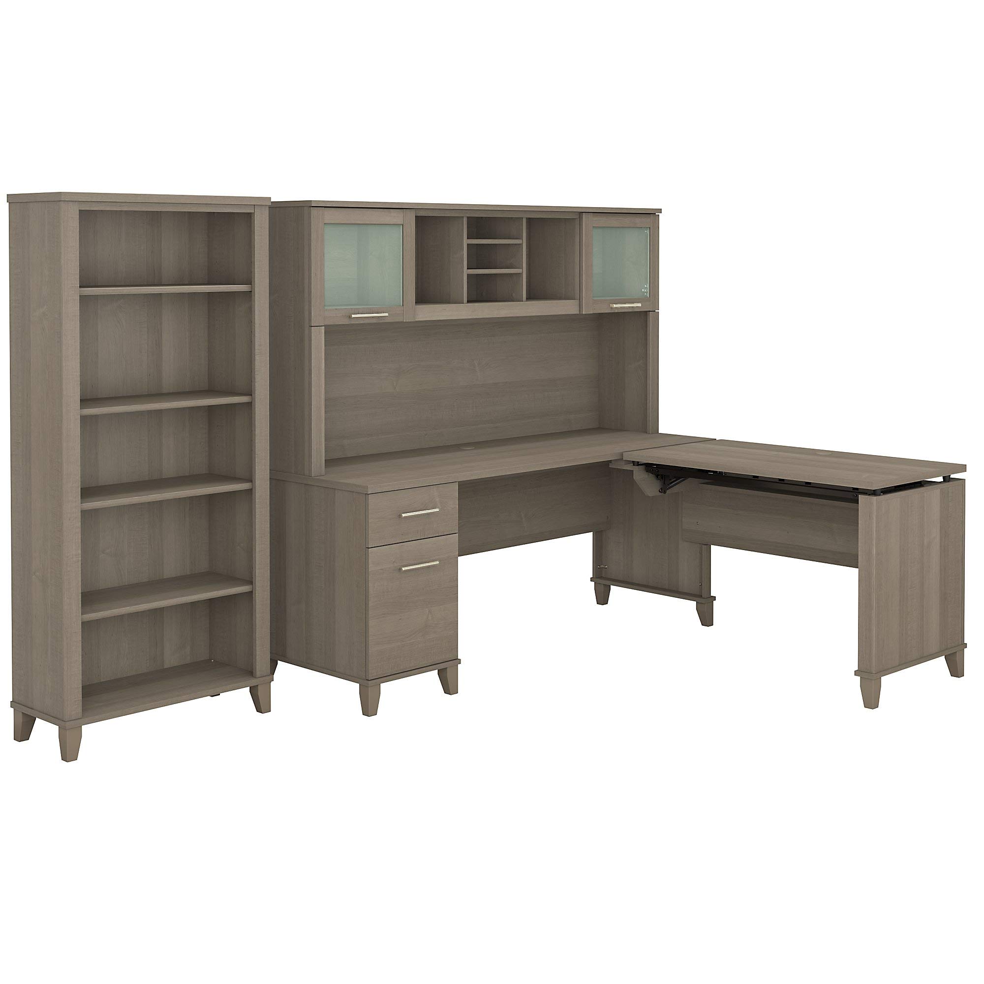 Bush Business Furniture Somerset 3 Position Sit to Stand L Shaped Desk with Hutch and Bookcase