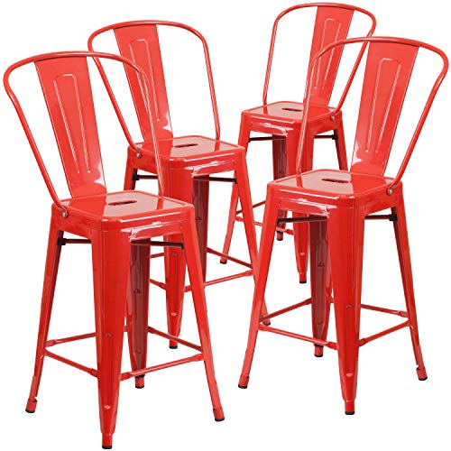  Flash Furniture Пакет коммерческих сортов 4 24 'Высокий красный металлический стул для установки внутри и снаружи по...