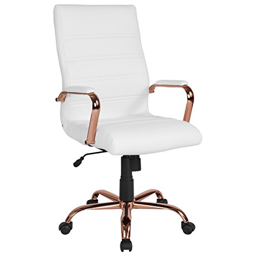  Flash Furniture Стул для рабочего стола с высокой спинкой - Белое офисное кресло LeatherSoft Executive с рамой из розового золота...