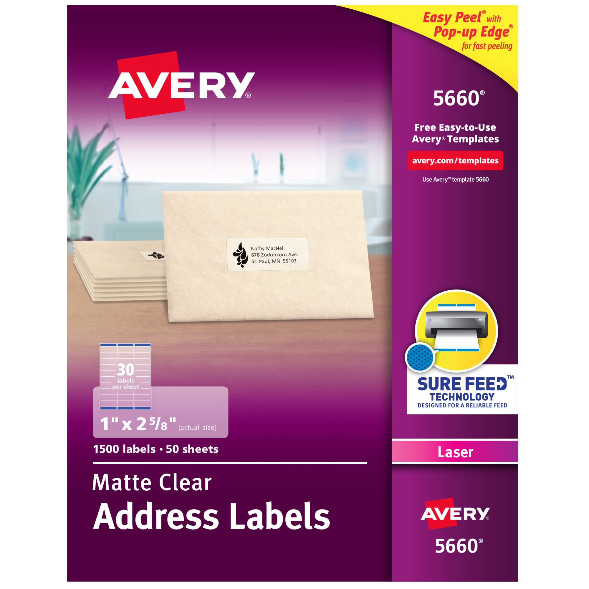 Avery Прозрачные адресные этикетки Easy Peel для лазерных принтеров 1 '' x 2-5/8 ''