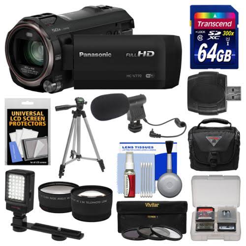 Panasonic Видеокамера высокой четкости HC-V770 с функцией двойной видеосъемки для смартфона + 64 ГБ 94 МБ/с UHS-1/U3