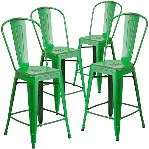  Flash Furniture 4 шт. 24-дюймовый стул из зеленого металла с высоким сопротивлением для установки внутри и вне помеще...