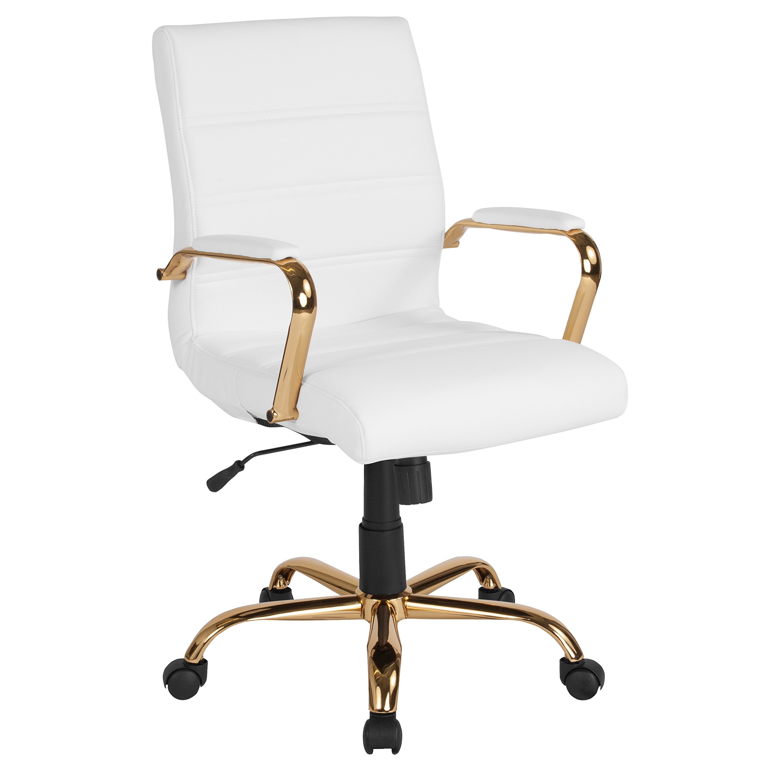 Flash Furniture Настольный стул Whitney Mid-Back - White LeatherSoft Executive Swivel Office Chair with Gold Frame - Кресло с вращающимся подлокотником