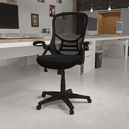 Flash Furniture Эргономичный вращающийся офисный стул с высокой спинкой из черной сетки с черной рамой и откидными...