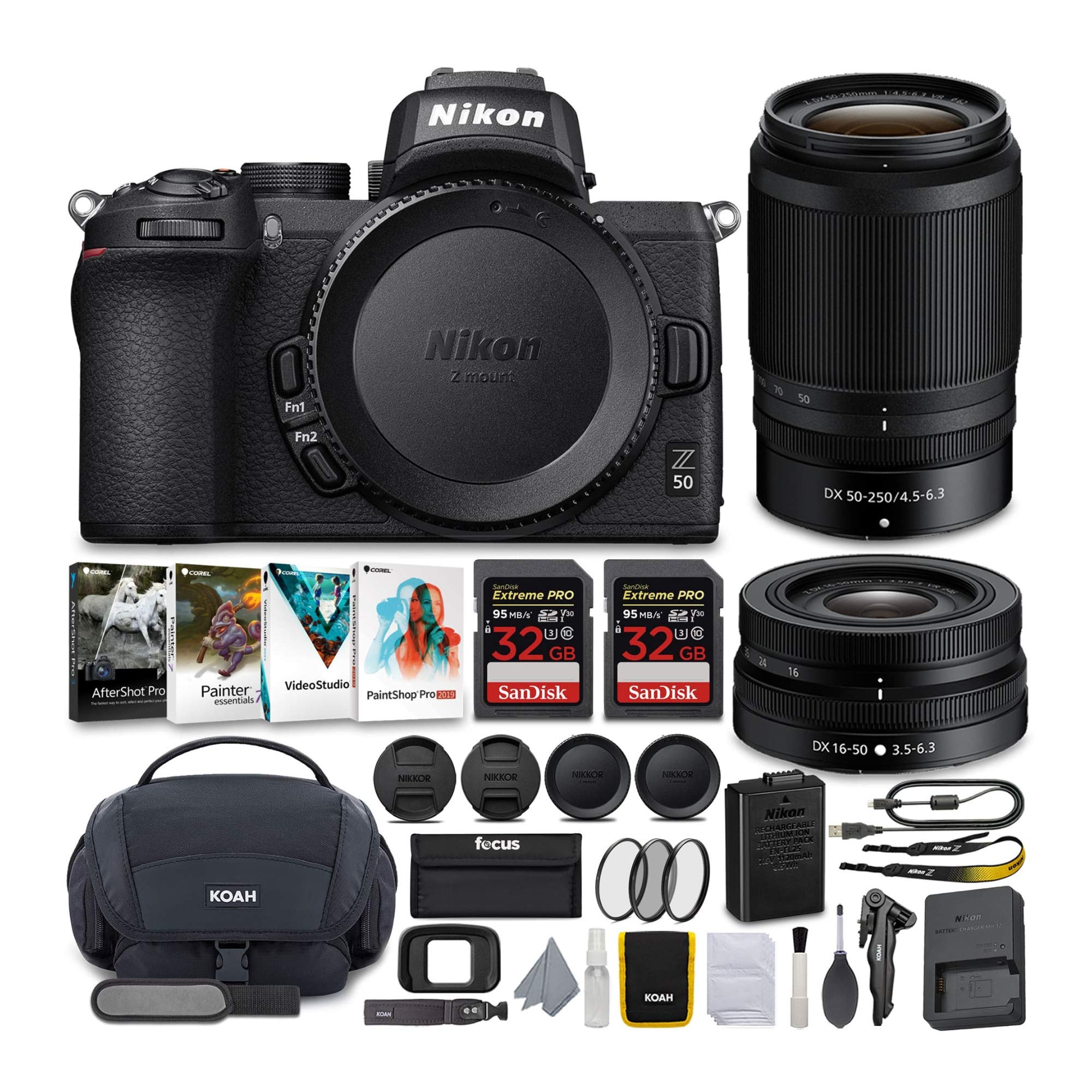  Nikon Беззеркальная камера Z50 с объективами NIKKOR Z 16–50 и 50–250 мм VR и комплектом карт памяти на 64 ГБ с роскошным на...