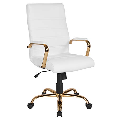  Flash Furniture Стул для рабочего стола с высокой спинкой - Белое офисное кресло LeatherSoft Executive с золотой рамой - Кресло...
