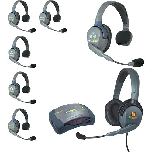 EARTEC HUB7SMXD Hub Mini Duplex Base 7-Person System, Includes 6X Ultralite Single Headset, Max4G Double Headset