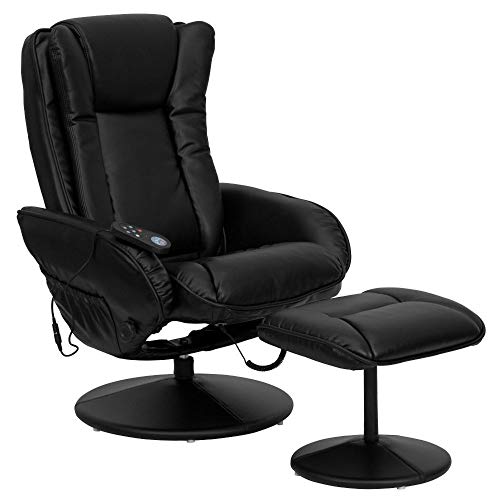 Flash Furniture Массажное многопозиционное мягкое кресло-реклайнер с боковым карманом и пуфом в черном цвете LeatherSoft
